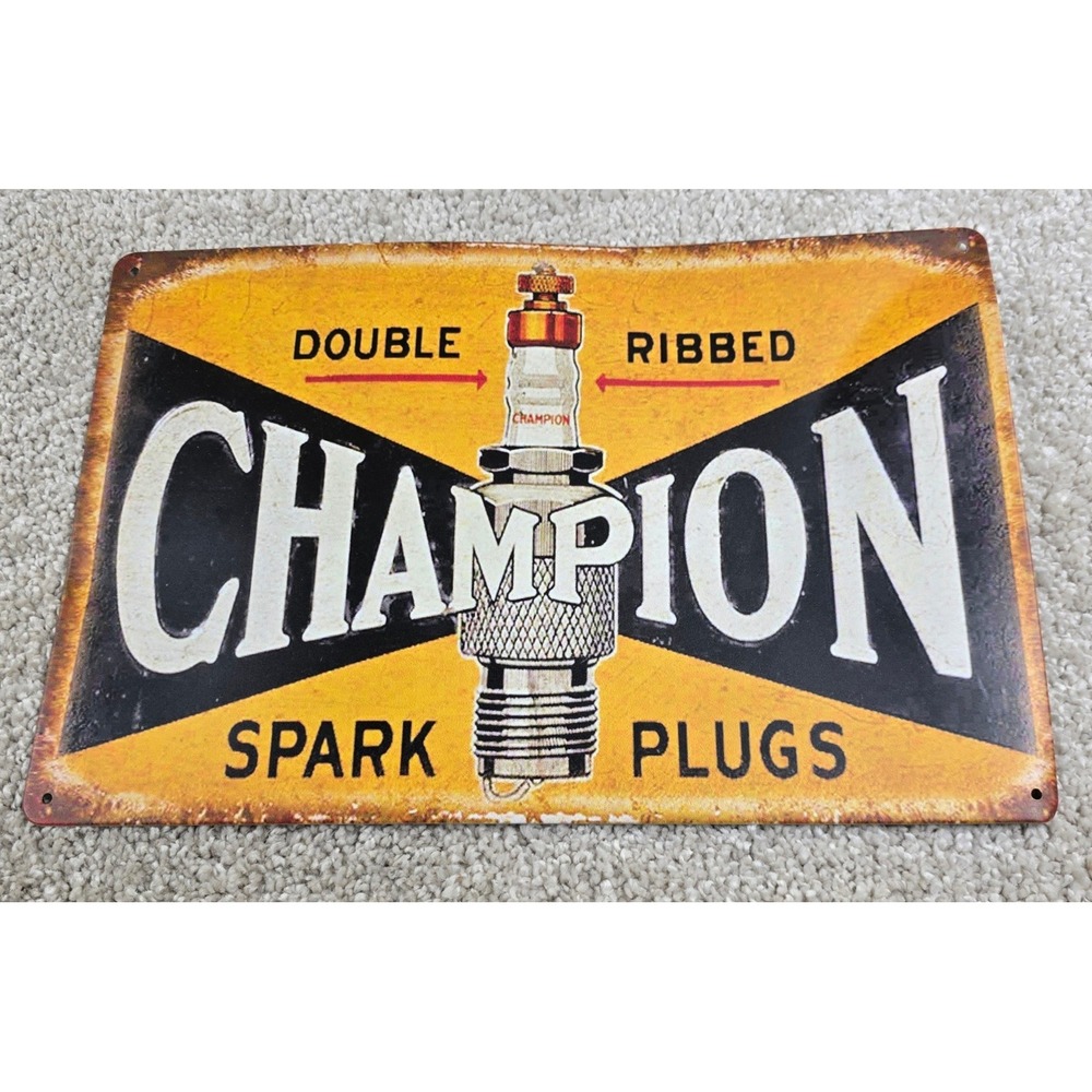 Champion Metal Sign Yellow Black Double Ribbed Spark Plugs Vintage Style Garage